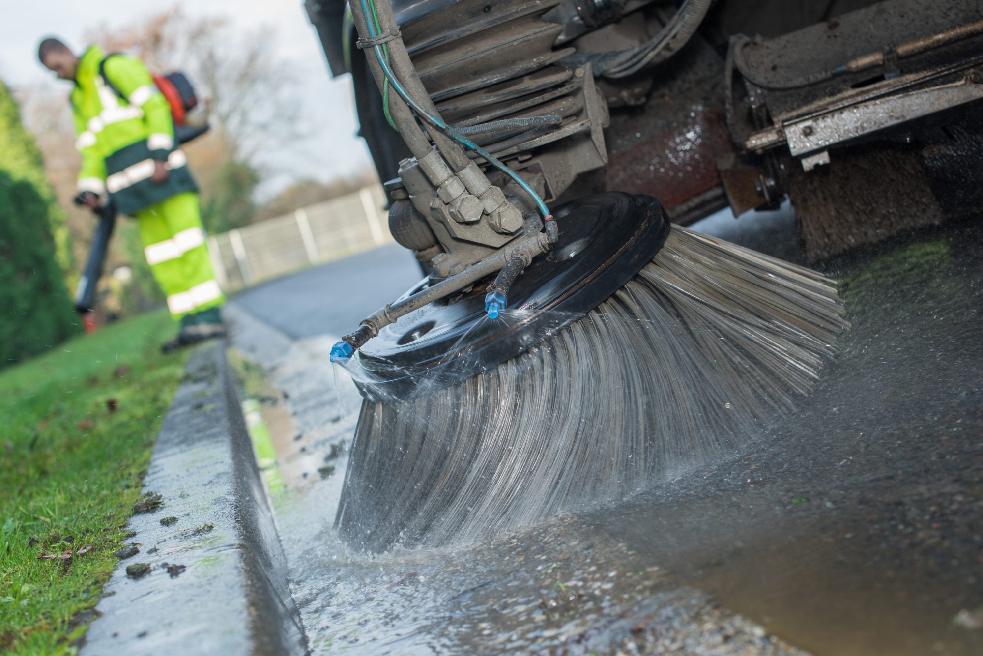 Closeup road sweeper brush